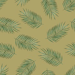 Seamless pattern with exotic palm leaves. Yellow background with watercolor tropical leaves. illustration for use in print and design.