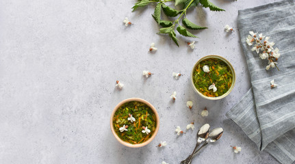 Top view of fresh spring soup made from young nettle tips and garden vegetables