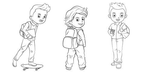 Collection of cartoon schoolchild used for coloring book 