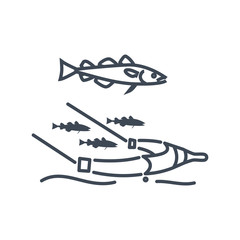 Thin line icon cod in a fishing net, trawl