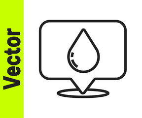 Black line Water drop with location icon isolated on white background.  Vector Illustration