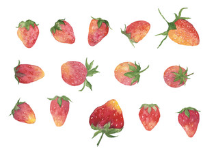 Set of strawberry. Watercolor hand drawing illustartion of healthy food, summer red berry. Big collection of elements. Clip art.