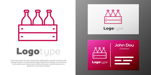 Logotype line Bottles of wine in a wooden box icon isolated on white background. Wine bottles in a wooden crate icon. Logo design template element. Vector Illustration