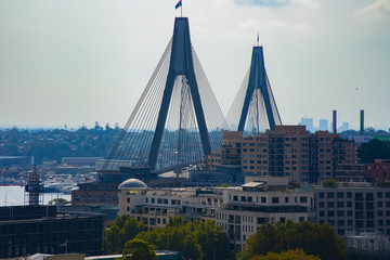 A traffic jam at Anzac bridge in Sydney high angle medium shot