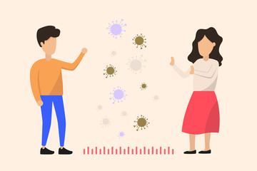 Social distancing, keep distance with people in public places to stop spreading COVID-19 coronavirus concept. Man and woman. A woman and a man stand apart from each other with virus cells between to 