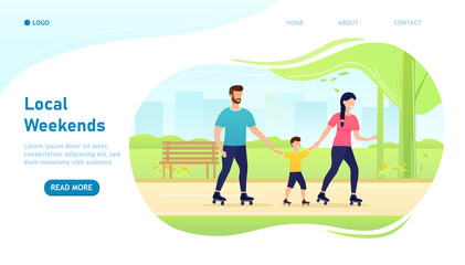 Young happy family walks in the park with their son Attractive characters spend active time together in nature. Active lifestyle, nature walks, healthy lifestyle Time together Flat Vector Illustration