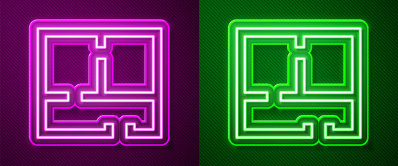 Fototapeta na wymiar Glowing neon line House plan icon isolated on purple and green background. Vector Illustration