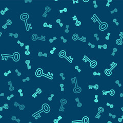 Green line House key icon isolated seamless pattern on blue background.  Vector Illustration