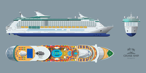 Isolated blueprint of cruise ship. Side, top and front views. Realistic 3d liner. Detailed drawing of modern marine vessel. Sea travel transpotation