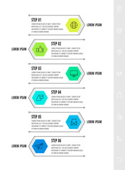 Hexagon infographic design template with 6 options and arrows. Vector business line concept. Can be used for diagram, web, banner, workflow layout, presentation, info graph, timeline, content, levels.