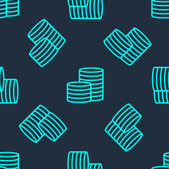 Green line Coin money icon isolated seamless pattern on blue background. Banking currency sign. Cash symbol.  Vector Illustration
