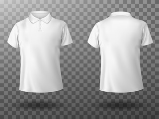 Men white polo shirt front and back view. Vector realistic mockup of male blank t-shirt with collar and short sleeves, sport or casual apparel isolated on transparent background