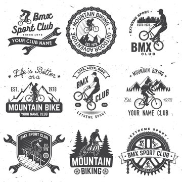 Set of bmx, mtb extreme sport club badge. Vector. Concept for shirt, logo, print, stamp, tee with man ride on a sport bicycle. Vintage typography design with cyclist, sprocket and chain silhouette.
