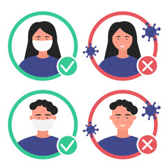 People without protection mask enter are not allowed. No entry sign stickers can be used in Store, cafe, supermarket or any public space. Man and woman with mask and without flat vector illustration.