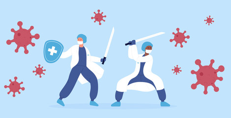 Stop corona virus 2019-nCoV vector illustration concept. Doctors medical health care professionals ninja team fighting with coronavirus monsters pandemic using katana sword.