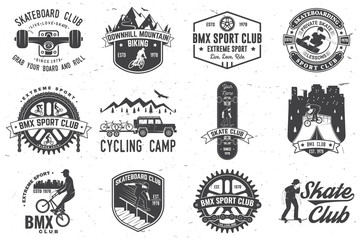 Set of bmx, skateboard and mtb extreme sport club badge. Vector. Concept for shirt, logo, print, stamp, tee with man ride on a sport bicycle, skateboard and bmx. Extreme sport club badge