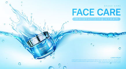 Face cream package in water splash. Vector realistic brand poster with moisturizing skincare gel or makeup cosmetics in glass jar. Promo banner, advertising background