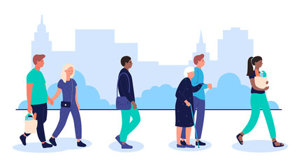 The profile of various multiracial people crowd walking on urban city street flat vector illustration