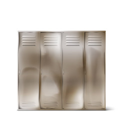 Old steel lockers with dents in school corridor or changing room in gym. Vector realistic rumpled metal cabinets with closed doors in sport or fitness club isolated on white background