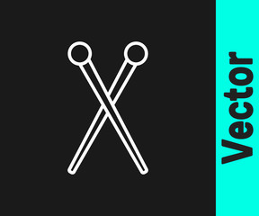 White line Knitting needles icon isolated on black background. Label for hand made, knitting or tailor shop. Vector Illustration