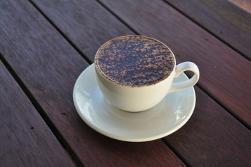 Coffee on wooden table - Full Top view