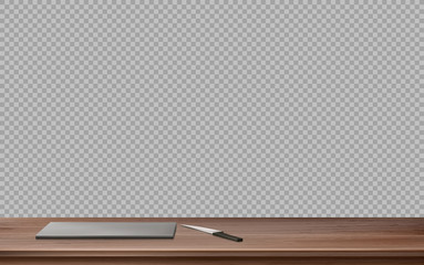 Kitchen wooden table with steel cutting board and knife. Vector realistic illustration of empty clean countertop surface with plank for cut food top view isolated on transparent background