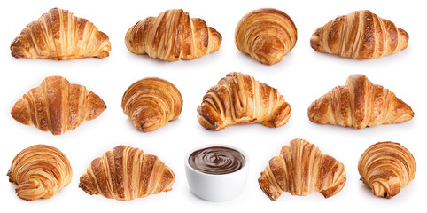 Croissants and chocolate butter isolated on white background.