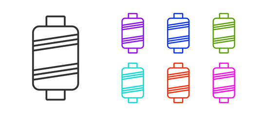 Black line Sewing thread on spool icon isolated on white background. Yarn spool. Thread bobbin. Set icons colorful. Vector Illustration