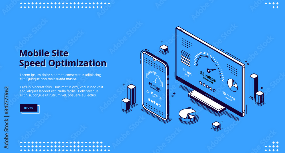 Fototapete mobile site speed optimization isometric landing page. smartphone and computer desktop with speedome