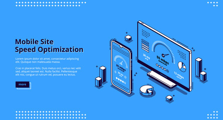 Mobile site speed optimization isometric landing page. Smartphone and computer desktop with speedometer on screen. Internet page quick traffic loading, engine plugin test 3d vector line art web banner