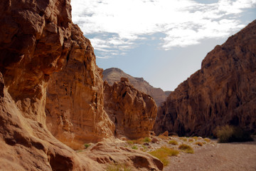 Fototapeta na wymiar Red canyon, Israel - December, 2019. Desert landscape near Eilat with rocks in the afternoon.
