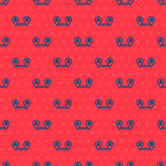 Blue line Route location icon isolated seamless pattern on red background. Map pointer sign. Concept of path or road. GPS navigator. Vector Illustration