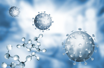 Abstract image of coronaviruses on a blue background.