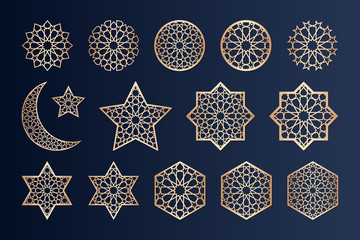 Laser cutting elements with islamic alhambra pattern. May be used for paper, metal, plywood, wood cutting. Arabic holiday decorations. Traditional islamic ornament. - obrazy, fototapety, plakaty