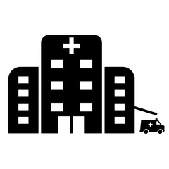 Hospital icon cross building isolated human medical view. Flat black vector illustration on white background.