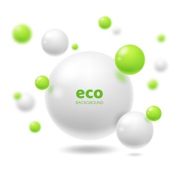 3d spheres abstract vector background of eco, ecology and environment design. White and green glossy balls or bubbles with shadows and light reflections, realistic geometric shapes backdrop