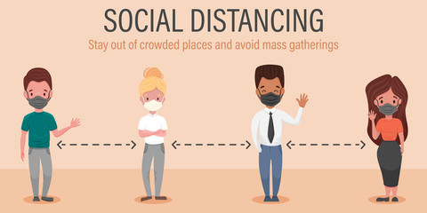 Social distancing, keep distance in public society, protect yourself and people from COVID-19 coronavirus outbreak spreading concept, black white women and men in masks. Vector flat illustration