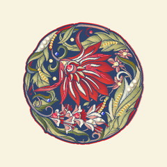 Fantasy flowers in retro, vintage, jacobean embroidery style. Embroidery imitation with beads and sequins. Vector illustration.