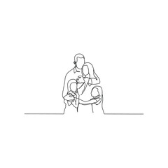 a family hugging with two children continuous line