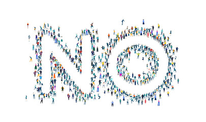 Word No made of many little people, crowd creation. Lots of busy people created the No word 
