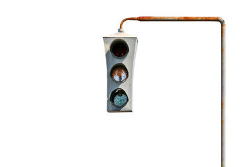 Isolated vintage old traffic light on a rusty post. Close-up.