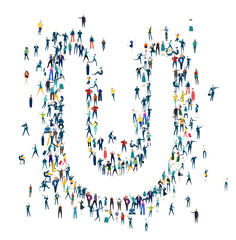 Alphabet. Letter made of many little people, crowd creation. Lots of busy people create letter shape. 