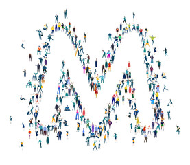 Alphabet. Letter made of many little people, crowd creation. Lots of busy people create letter shape. 