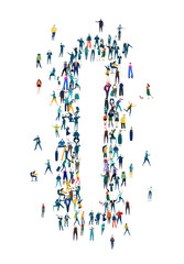 Alphabet. Letter made of many little people, crowd creation. Lots of busy people create letter shape. 