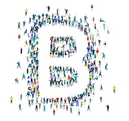 Alphabet. Letter made of many little people, crowd creation. Lots of busy people create letter shape. 