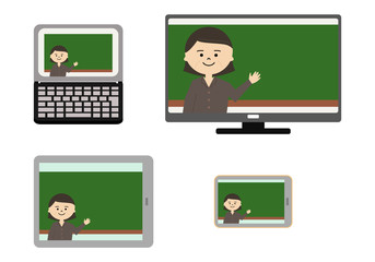オンライン授業　パソコン　スマホ　イラストセット