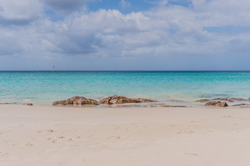 Flat ocean with rocks, white sand and turquoise water in Australia. The dream beach. 