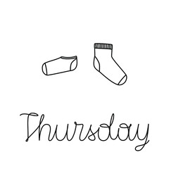 Vector illustration of pair of socks with lettering Thursday. Weekly socks. Different socks in pair.