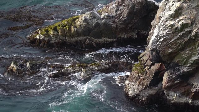 Close up of seaweed filled water against the rocky coast in Peru, slow motion HD