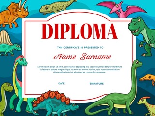 Certificate vector template of kids education diploma in frame of dinosaur animals. Elementary school, kindergarten and preschool award of graduation achievements with dinos and jurassic monsters © Buch&Bee
